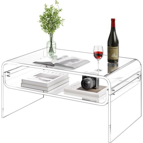 Table basse en acrylique, 50 x 80 x 38 cm, table d'appoint de salon à 2 niveaux avec étagère de rangement, bout de canapé rectangulaire moderne, pour salle à manger, cuisine, bureau, transparent (1/5)