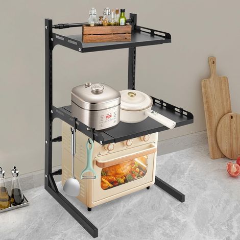 3 Etagen Verstellbares Mikrowellenregal, Erweiterbares Mikrowellen Regal mit 4 Haken, Mikrowellenständer aus Kohlenstoffstahl Höhenverstellbar, Ideal für Küche, Wohnzimmer Schwarz (1/5)