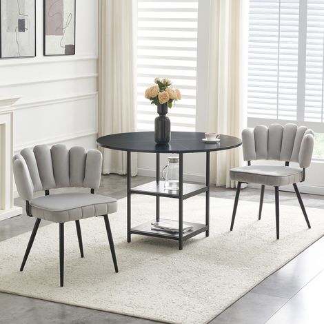 Esstisch- und Stuhl-Set MDF/Metall Schwarz & Hellgrau, Ø107x75 cm, mit 2 Ablagen und 2 Stoffstühlen, MIVRAY