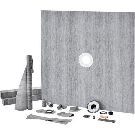 Kit de Receveur de Douche, 1828x1828mm avec Bride Centrale PVC 50,8mm, Grille Inox 101,6mm, Curb & Membrane Étanches, Pente Intégrée pour Salle de Bains (1/5)
