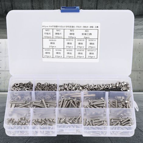 Kit de 662 pièces vis à tête fraisée, rondelles plates et écrous M3 pour assemblage (1/4)