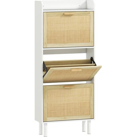Meuble à chaussures 3 portes battantes, étagère en résine tressée style bohème, blanc, 65x24,5x153 cm, design tendance (1/5)
