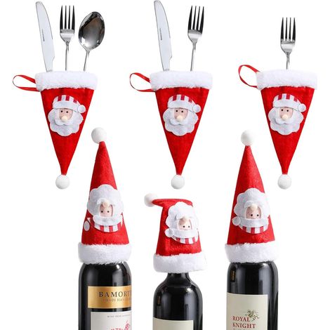 Bonnet De Noel - Support Pour Couverts - Housse Pour Mini-Bouteilles - Sac De Rangement Pour Fourchette Cuillere Couteau - Decoration De Table De Fete De Noel - Lot De 6 (1/5)