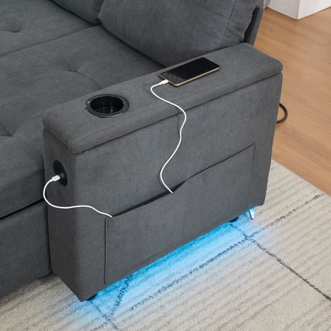 Canapé large 208×146×89,5 cm,canapé-lit trois places pliable avec rangement caché,LED ambiante,canapé d’angle Treviso en forme L,gris (1/5)