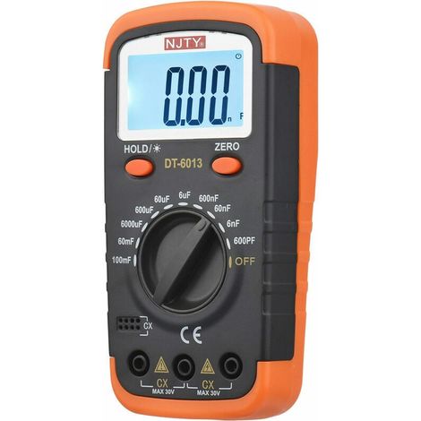 Compteur de capacité LCD rétroéclairé 600pF-100mF, testeur de condensateur numérique haute précision 6000 points avec pinces crocodile et fusibles 0,2A, noir et orange. (1/5)