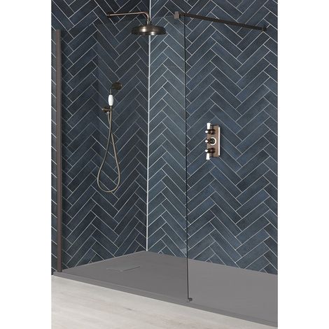 Milano Rosso Matte Bronze Recessed Walk In Wet Room Shower Enclosure with Screen  Support Arm and Light Grey Slate Effect Tray - 1100mm x 700mm