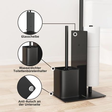Porte Papier Toilette avec Brosse WC - Porte Rouleau Debout en Acier Inoxydable, Dérouleur Papier Aucun Perçage Requis avec Verre (Noir Mat) (1/5)