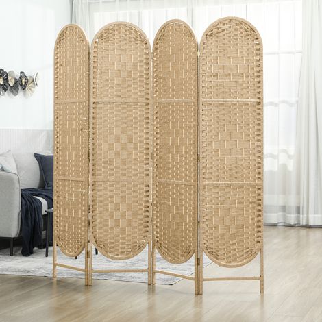 Biombo Separador de Ambientes 4 Paneles 160x170 cm con Parte Superior Arqueada Tejido a Mano Divisor Plegable Natural (1/5)