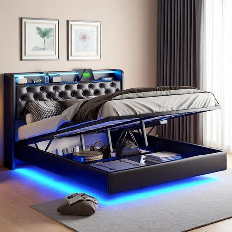 Hängendes Bett 160x200 cm - Schwarz - Integrierte LED - Kopfteil mit Stauraum - Modernes Design