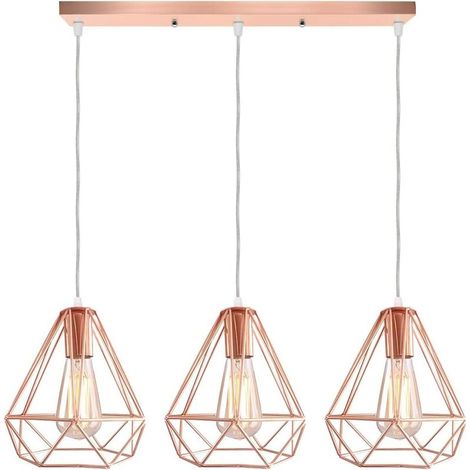 3 Lampes Suspension Luminaire Vintage E27 Lustre Plafonnier Industrielle en Métal Rétro Edison Lampe de Plafond Abat-Jour Forme Diamant Cgae avec Support en Barre, Ø20CM, Or Rose - Or Rose BLOW (1/5)