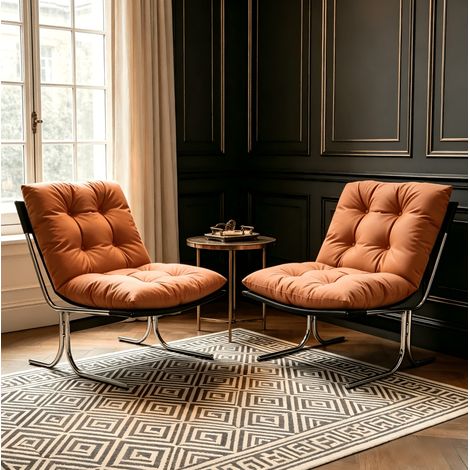 Barcelona Lounge-Sessel aus braunem Kunstleder mit Metallbeinen OKWISH (1/5)