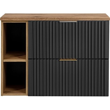 Waschtischunterschrank-Set NOXERA 80 cm – Mattschwarz und Eiche – 2 Schubladen + 2 Fächer + Waschtischplatte