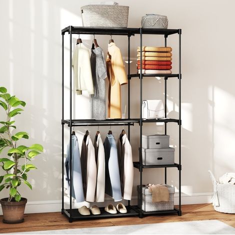 Armoire penderie en tissu 111x43x185 cm noire en acier avec 2 tringles et 6 étagères (1/5)