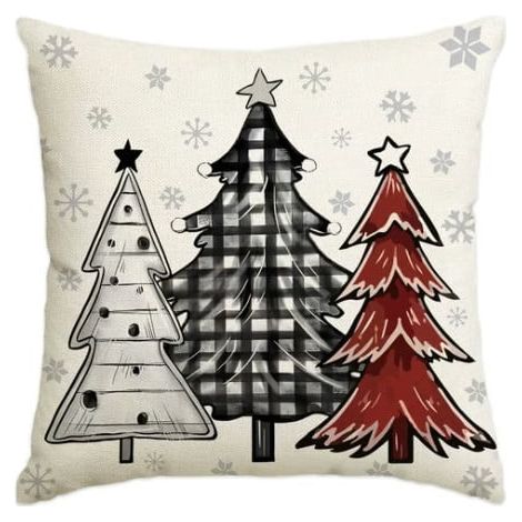 Housse De Coussin Noel - Motif Arbre De Noel Et Flocon De Neige - En Lin Naturel - 45 X 45 Cm - Pour Decoration Interieure - 1 Piece