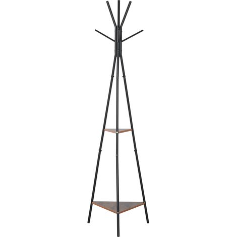 Porte-manteau trépied style x 46l x 182H cm métal noir panneaux particules boisés industriel branches 2 étagères + 6 patères dim. 52L (1/5)