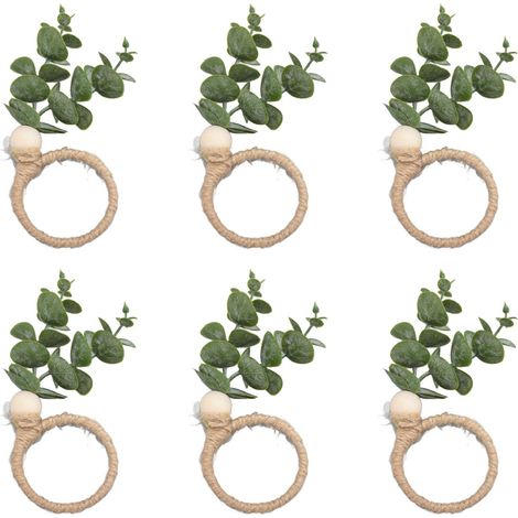 Set aus 6 handgewebten Serviettenringen in Eukalyptusblatt-Optik mit Holzperlen, rustikaler Stil, für Ostern, Frühling und Hochzeiten (1/5)