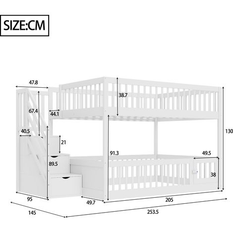 Lit superposé 140x200 cm en bois blanc avec escalier sécurisé et tiroirs, literie enfant et ado avec rangement intégré (1/5)