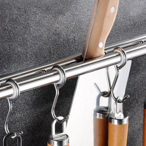 Portaposate a parete - Doppia barra - Montaggio a parete - 1 pezzo - 50 x 8,5 cm - 8 ganci - Acciaio inox - Portacoperchi - Porta pentole con ganci scorrevoli - Adatto per cucine e bagni - Argento (1/3)