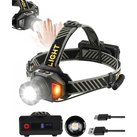 Lampe Frontale Led Ultra Puissante Rechargeable USB C avec 12 Modes d’Éclairage, Capteur & Warning Light, IPX5 Étanche, 90° Réglable Zoomable Tête Extensible pour Camping, Randonnée, Pêche et Course (1/5)