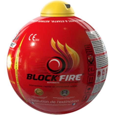 Boule extinctrice 15 cm – Poudre sèche ABC – Zone d'extinction 8 à 10 m² – Activation automatique Choc&Start – Sans entretien