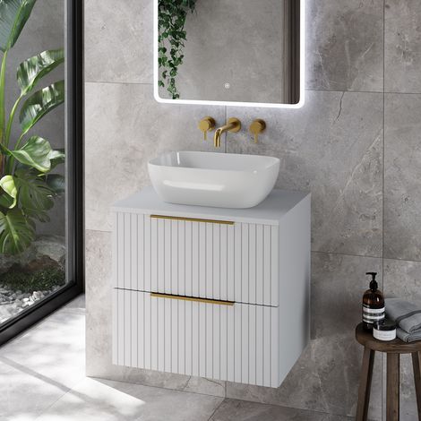 Helix 460 Fluted Satin White 600mm Wall Mounted 2 Drawer Vanity Unit for Countertop Basins