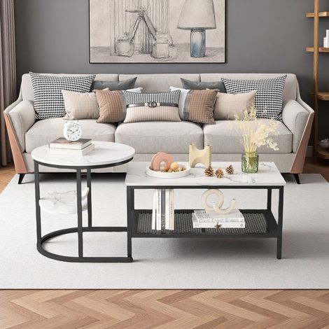 Couchtisch - 2-in-1 - Metall & Holz - Modernes Design - Kombinierbar Rechteckig/Rund