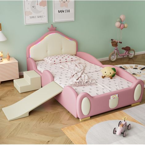 Lit enfant rembourré PU rose et beige 90x200 cm avec LED, toboggan, escalier et sommier à lattes (1/5)