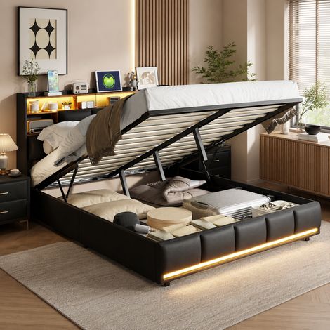 Lit coffre 140x190cm,lit double capitonné avec sommier à lattes,Tête de lit avec rangement,LED et ports USB,design moderne,PU,Noir (1/5)