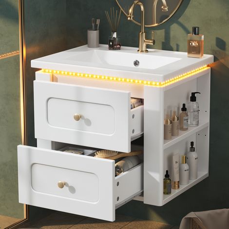 MODFU – Mobile lavabo sospeso 61x47x50 cm in MDF/ceramica con 2 cassetti, nicchia laterale, LED tramite app e carico 70 kg – Bianco (1/5)