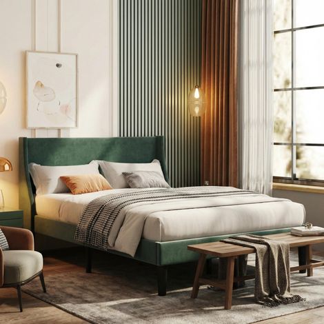 FurnitureR Dark Green Velvet Double Bed 4FT6 with Winged Headboard (1/5)