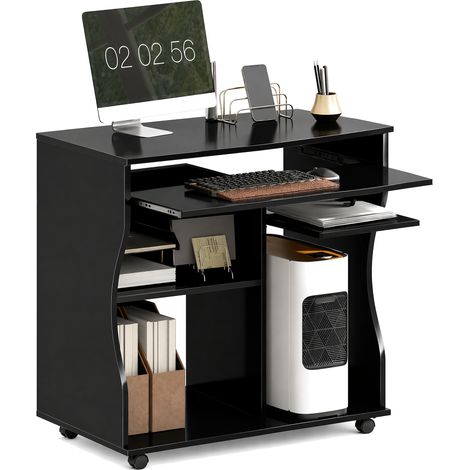 Bureau PC noir 80x48x75 cm, roulettes, tablette clavier, rangement, ordinateur, espace optimisé (1/5)
