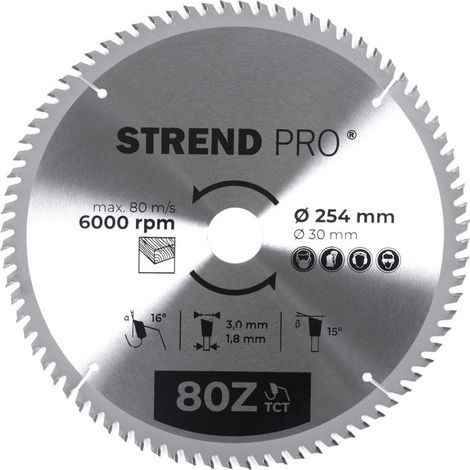 Sägeblatt Strend Pro TCT 254x3.0x30/20 mm 80Z, für Holz, Kreissägeblatt, HM-Blätter