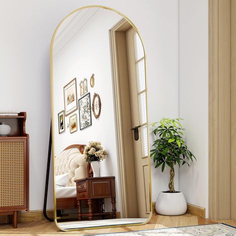 Miroir pleine longueur avec coins arrondis, 171 x 76 cm, grand, à poser ou à suspendre, incliné, couleur dorée (1/5)