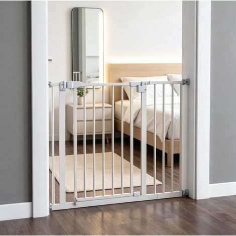 Barrera de seguridad extensible de metal blanca con cierre automático para escaleras FloraGrace (1/5)