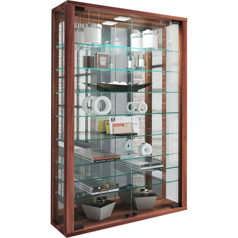 VitrosaMini Vitrinenschrank wandhängend mit Spiegel 2 Glastüren Inkl. LED-Leuchten Nussbaum dekor.