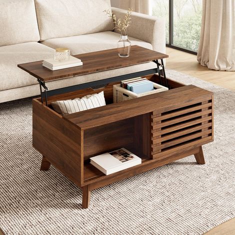 Table Basse Relevable 90 cm  Design Rétro avec Porte à Persiennes Coulissante  Plateau Ajustable pour Télétravail  Grand Coffre de Rangement  Finition Noyer Chic