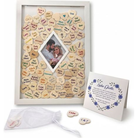 Livre d'or alternative à remplir - Cadre en bois 42 x 30 cm avec 80 cœurs en bois à écrire - Cadre photo diamant - Pour mariage, anniversaire et baptême (1/5)