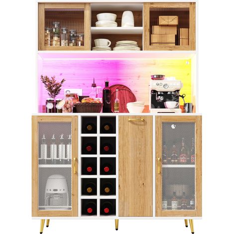 ELVMI Aparador de Cocina con Cajón, Botellero, LED y Enchufe Integrado para Cocina en MDF Blanco Efecto Madera (1/5)