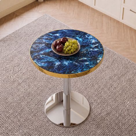Table d'appoint ronde moderne, plateau aspect marbre avec bord doré, cadre en métal stable noir/or/argent, table de chevet (1/5)