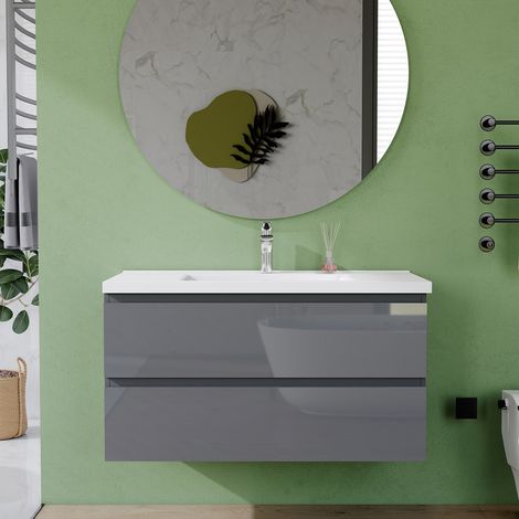 AVER-GROWTH 1000mm Gloss Grey Bathroom Vanity Unit With Wash Basin Ceramic Sink, 2 Soft-Close Drawers for Storage, Wall Hung Cabinets (1/5)