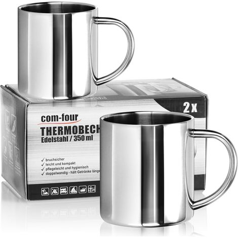 Tasse Thermique - 2 Pièces - Acier Inoxydable - Double Paroi Isolante - Camping et Voyage - 350ml Argent (1/5)