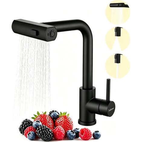 Robinet de cuisine noir haute pression avec douchette extractible, robinet cascade avec 3 types de jet, pivotant à 360°, robinet d'évier, mitigeur de cuisine, acier inoxydable (1/5)