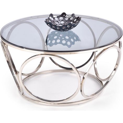 Table basse design avec piètement en acier chromé et plateau rond en verre fumé 80 cm Show (1/5)