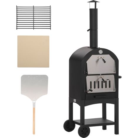 Four à pizza de extérieur 2 en 1 avec roulettes, four grill avec housse de protection, pelle à pizza, 2 grilles de cuisson, chariot grill avec cheminée, four à bois 3 niveaux pour barbecue, acier, noi (1/5)