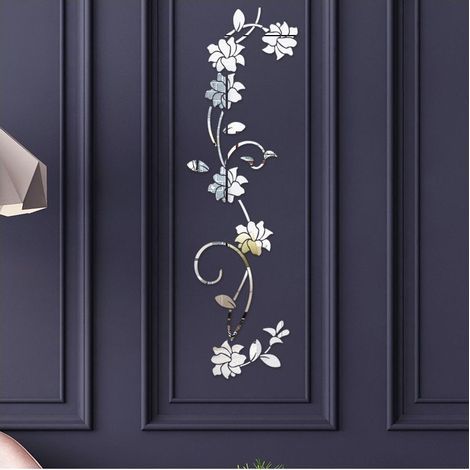 Miroirs muraux Flower Vine Acrylique Miroir Stickers Muraux,élégant Miroir Réglage Mur Autocollant,Mur Collant Miroir Décoration Murale pour La Maison Salon Chambre Décor, Argent (1/5)