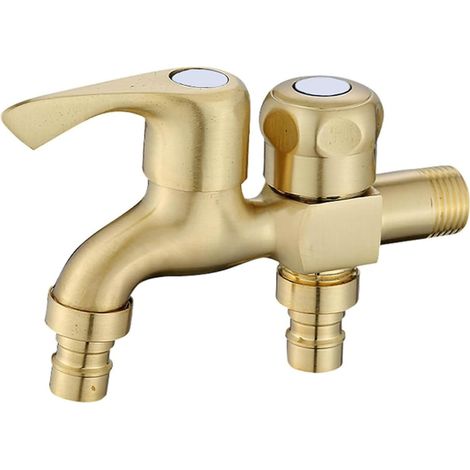 Robinet de jardin à double sortie, robinet d'habitation à double sortie, robinet à double sortie, robinet anti-retour à double sortie en métal pour lave-linge et pommeaux de douche, 1 pièce, doré (1/4)