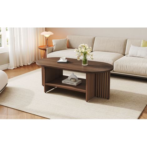Couchtisch oval 100x40x35 cm, mit Ablagefach, Rillendesign, MDF, Nussbaum (1/5)