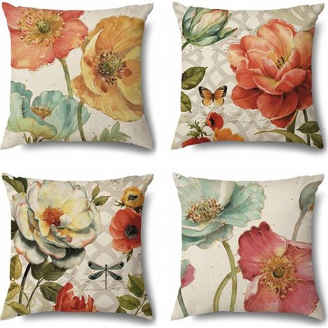 Buntes Leinenkissenbezug-Set mit Blumenmuster (4er-Set), moderne dekorative Kissenbezüge mit Blumenmuster, 45 x 45 cm, Frühlingsmotiv, Kissenbezug, Innendekoration für Bett, Sofa, Wohnzimmer, auch für (1/5)