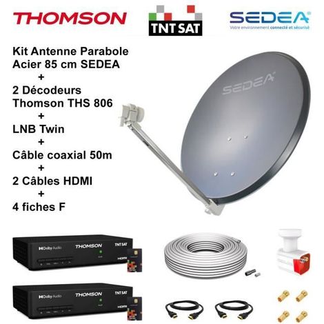 Kit Parabole Acier 85 cm - SEDEA - LNB Twin Full HD 4K - 2 Décodeurs THS 806 - Câble 50m - HDMI