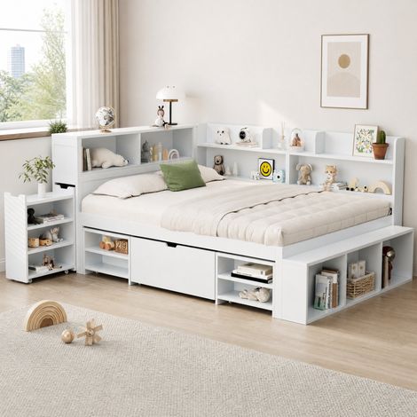DESMIU Lit enfant 2 places avec tiroir, bibliothèques et rangements 140 × 200 cm, sans matelas, blanc (1/5)